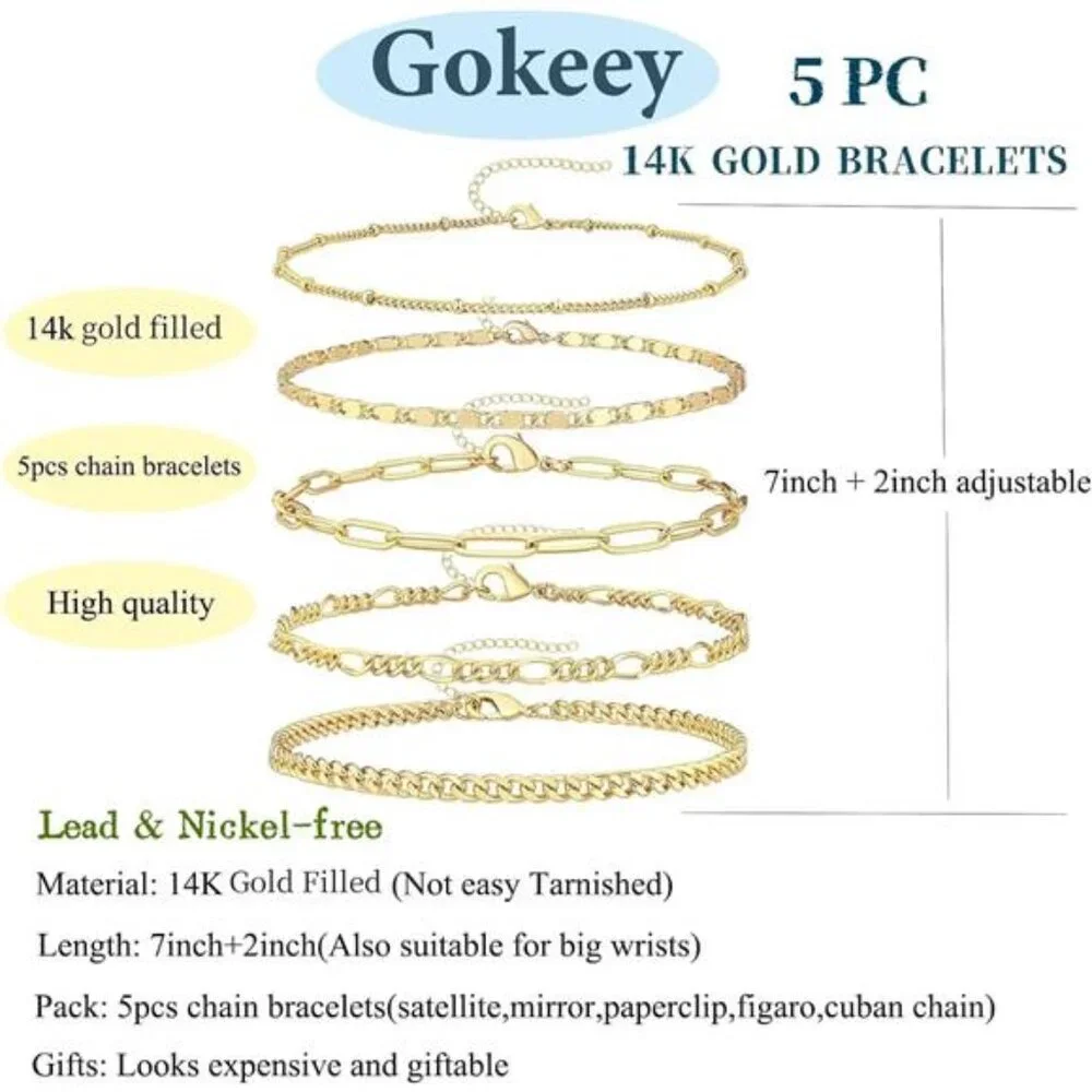 Gold Bracelets for Women Trendy,14K Real Gold Plated Dainty Stackable Paperclip